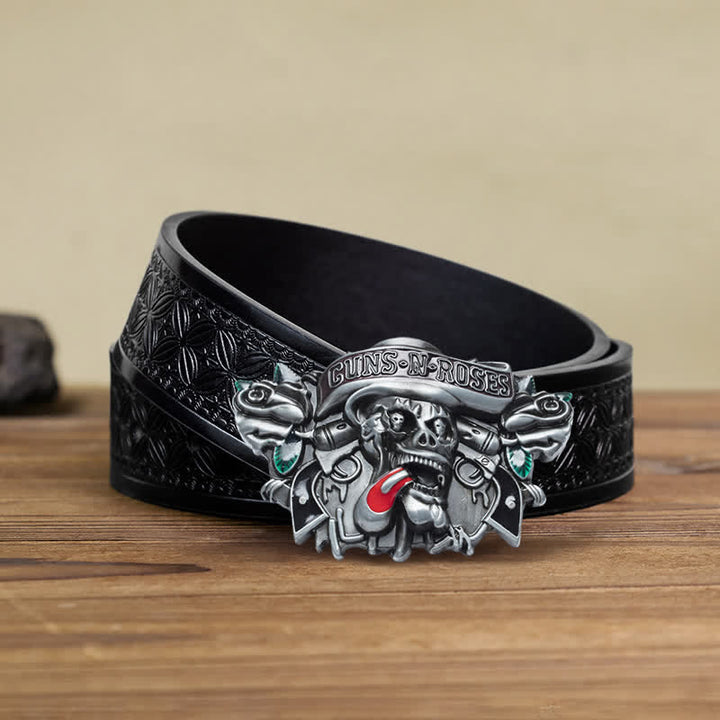 Klassischer DIY-Ledergürtel für Herren mit Guns, Roses und Skull-Schnalle