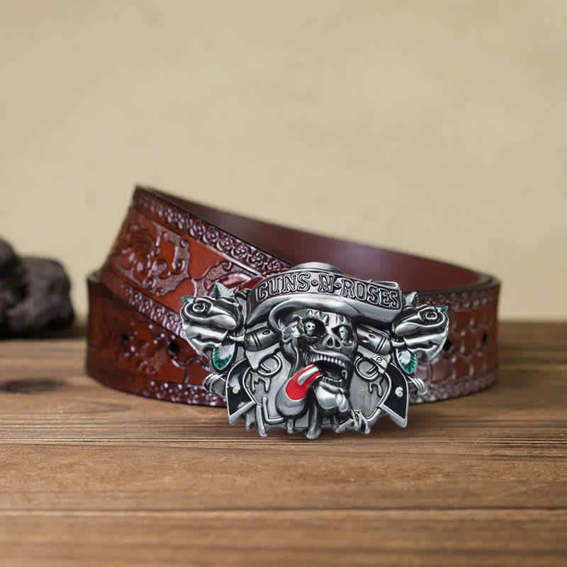 Klassischer DIY-Ledergürtel für Herren mit Guns, Roses und Skull-Schnalle
