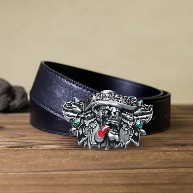Klassischer DIY-Ledergürtel für Herren mit Guns, Roses und Skull-Schnalle