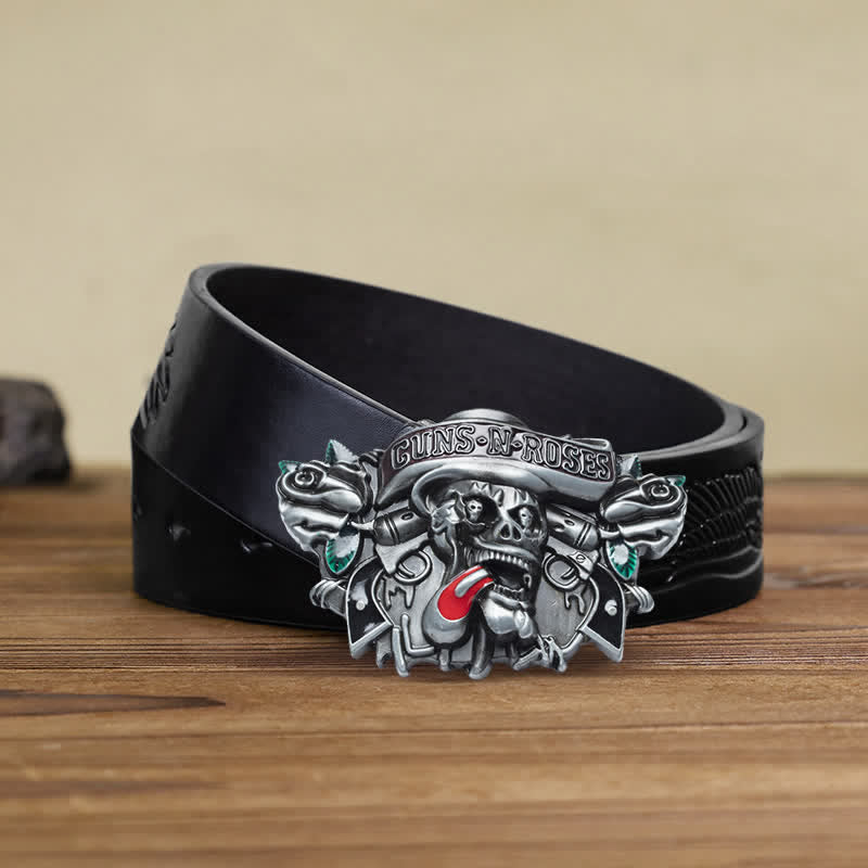 Klassischer DIY-Ledergürtel für Herren mit Guns, Roses und Skull-Schnalle