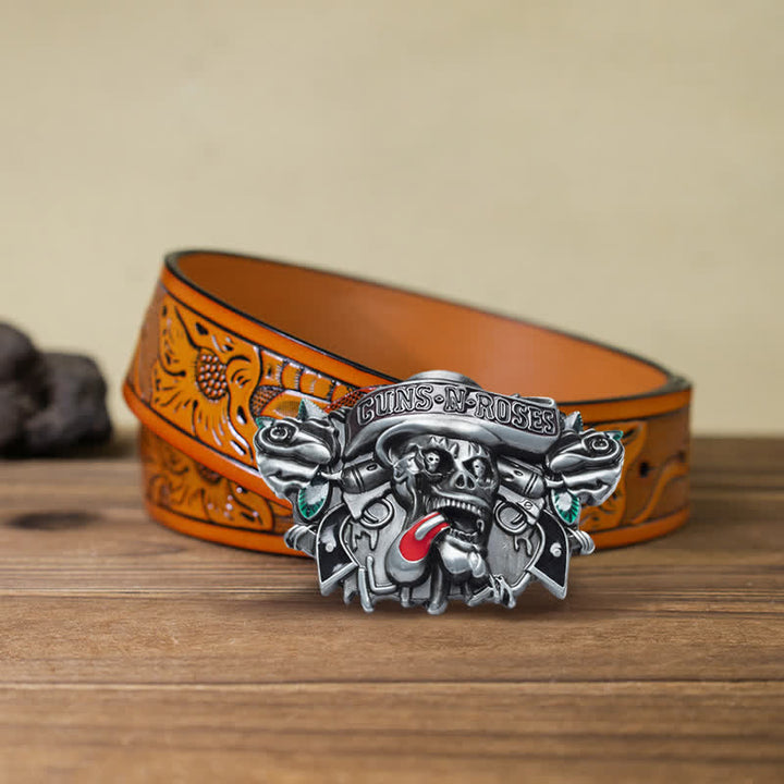Klassischer DIY-Ledergürtel für Herren mit Guns, Roses und Skull-Schnalle