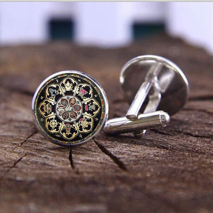 Männer's Schwarze Mandala Blume Glas Kuppel Manschettenknöpfe - Silber - image 1