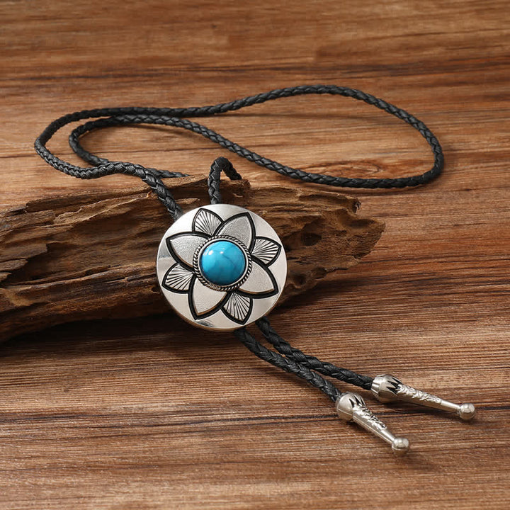 Oval geschnitzte Blütenblatt Schwarzer Türkis Stein Bolo-Tie