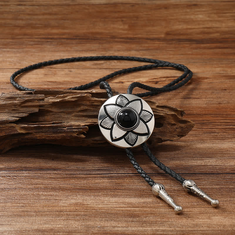 Oval geschnitzte Blütenblatt Schwarzer Türkis Stein Bolo-Tie