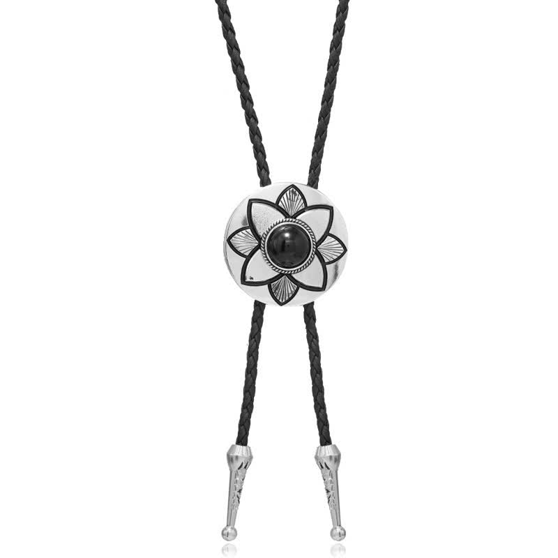 Oval geschnitzte Blütenblatt Schwarzer Türkis Stein Bolo-Tie