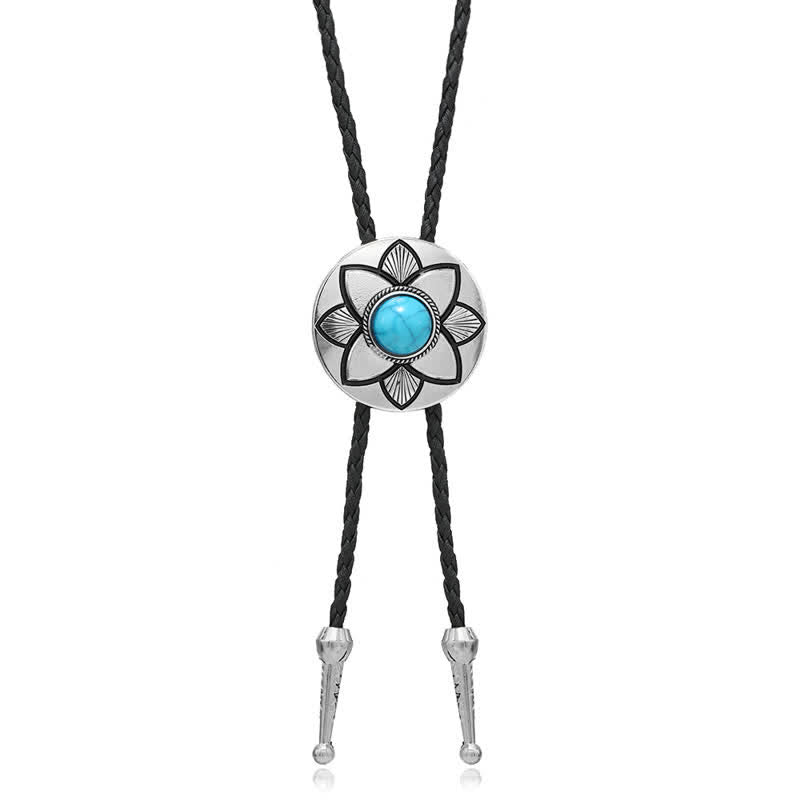 Oval geschnitzte Blütenblatt Schwarzer Türkis Stein Bolo-Tie