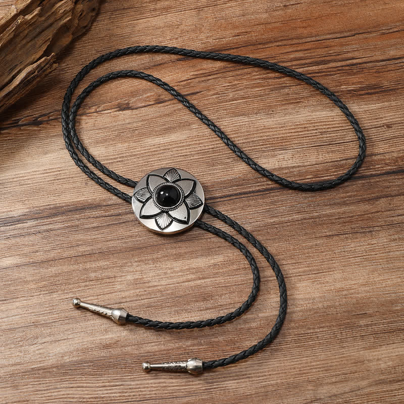 Oval geschnitzte Blütenblatt Schwarzer Türkis Stein Bolo-Tie