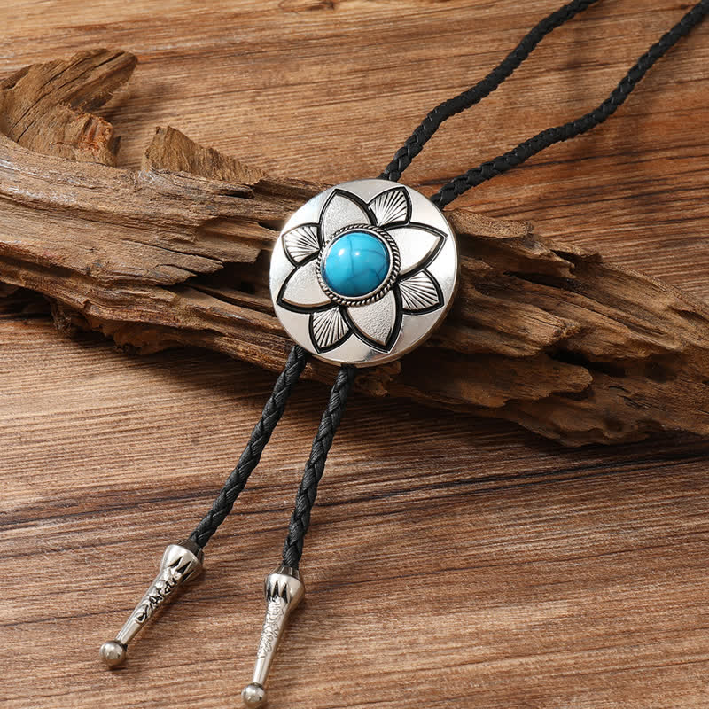 Oval geschnitzte Blütenblatt Schwarzer Türkis Stein Bolo-Tie
