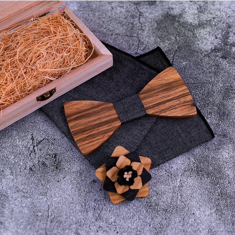 3-teiliges Herren-Lape-Blumen-Stecknadel Walnuss Holz Fliege Set