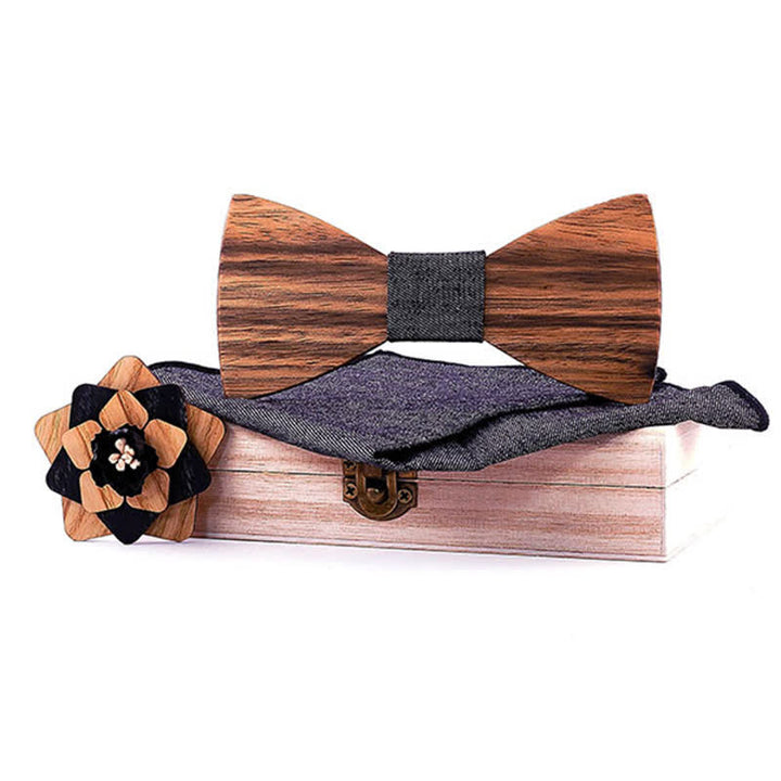 3-teiliges Herren-Lape-Blumen-Stecknadel Walnuss Holz Fliege Set