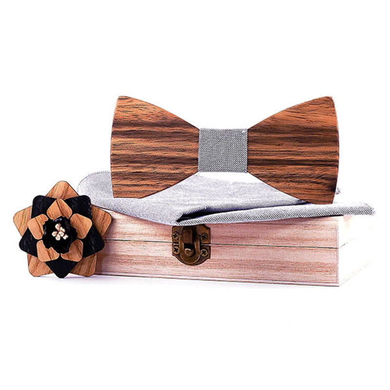 3-teiliges Herren-Lape-Blumen-Stecknadel Walnuss Holz Fliege Set