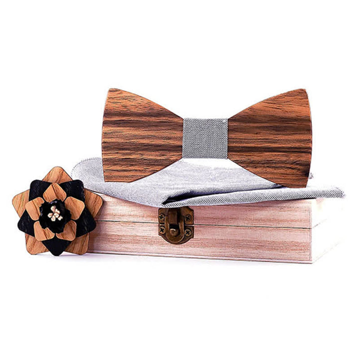 3-teiliges Herren-Lape-Blumen-Stecknadel Walnuss Holz Fliege Set