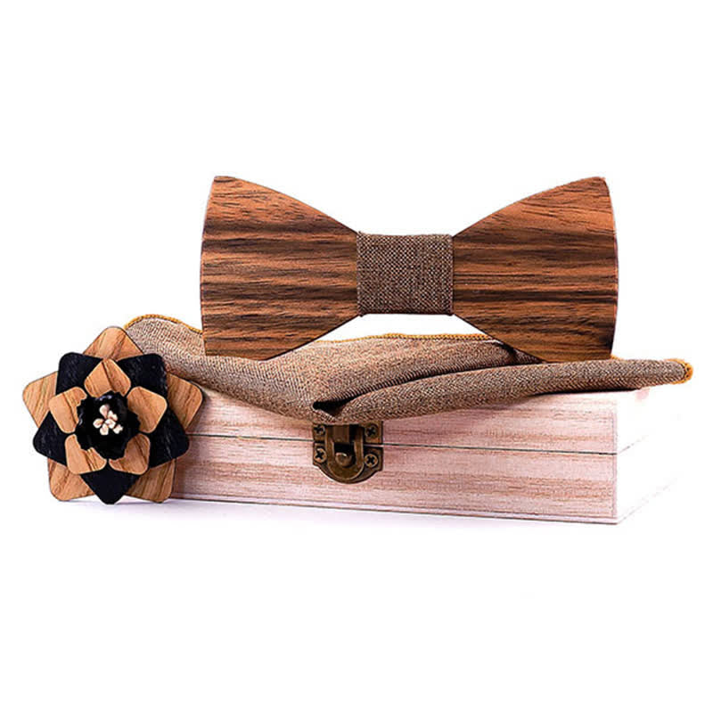 3-teiliges Herren-Lape-Blumen-Stecknadel Walnuss Holz Fliege Set