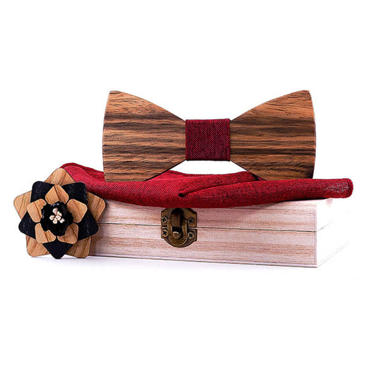 3-teiliges Herren-Lape-Blumen-Stecknadel Walnuss Holz Fliege Set