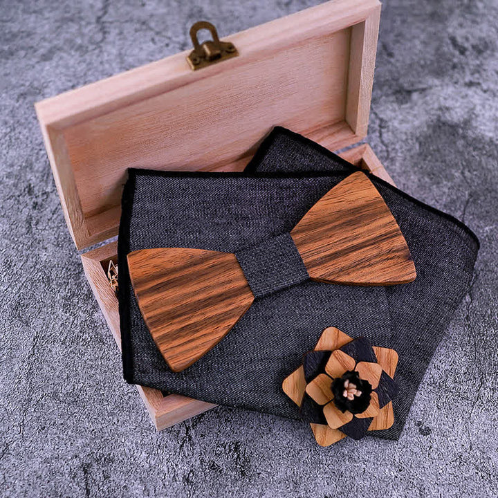 3-teiliges Herren-Lape-Blumen-Stecknadel Walnuss Holz Fliege Set