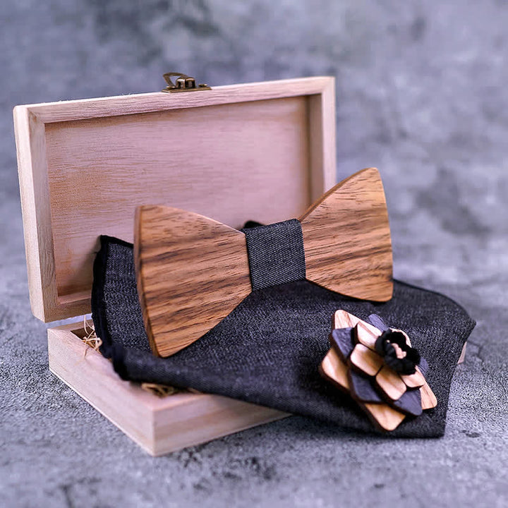 3-teiliges Herren-Lape-Blumen-Stecknadel Walnuss Holz Fliege Set