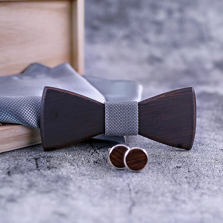 3tlg. Klassisches Retro-Set aus schwarzem Holz-Fliege für Herren