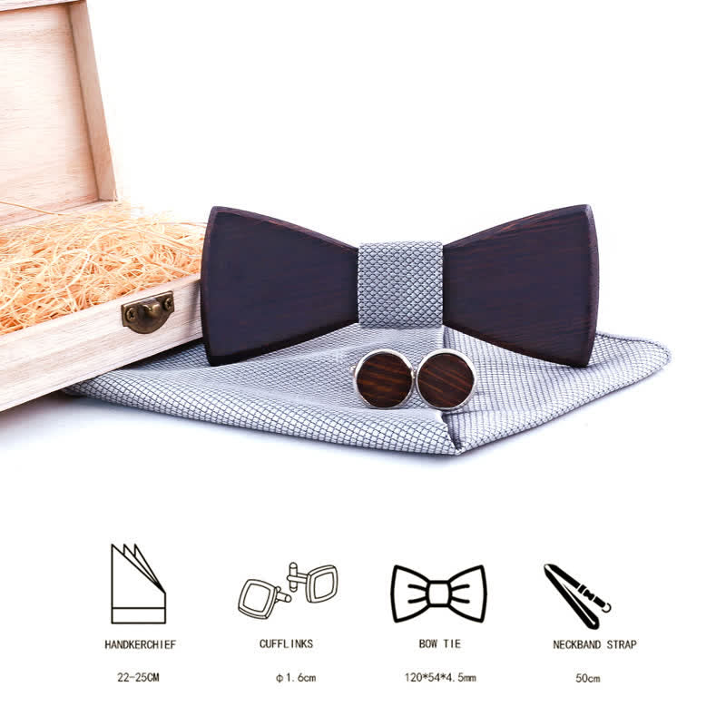 3tlg. Klassisches Retro-Set aus schwarzem Holz-Fliege für Herren