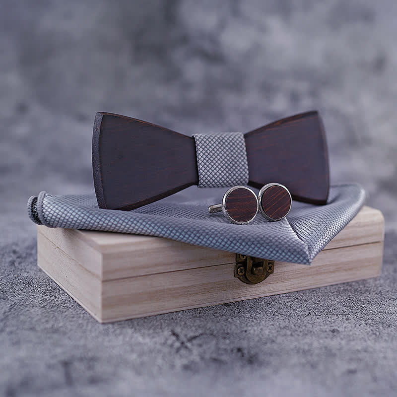 3tlg. Klassisches Retro-Set aus schwarzem Holz-Fliege für Herren