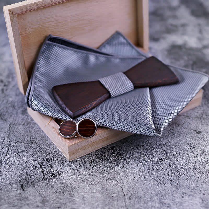3tlg. Klassisches Retro-Set aus schwarzem Holz-Fliege für Herren
