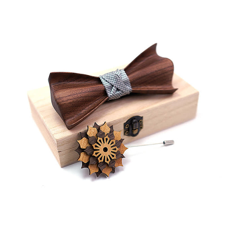 2 Stück Herren 3D Design Holz-Fliege aus Schwarznuss-Set