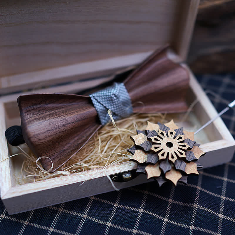 2 Stück Herren 3D Design Holz-Fliege aus Schwarznuss-Set