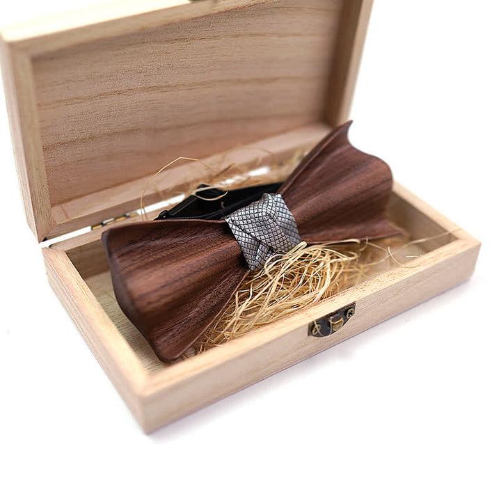 2 Stück Herren 3D Design Holz-Fliege aus Schwarznuss-Set