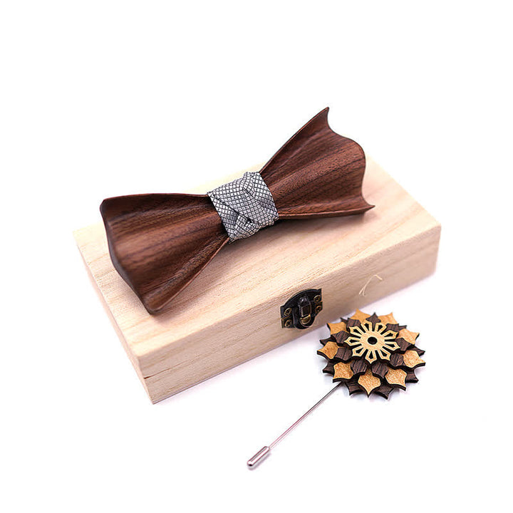 2 Stück Herren 3D Design Holz-Fliege aus Schwarznuss-Set