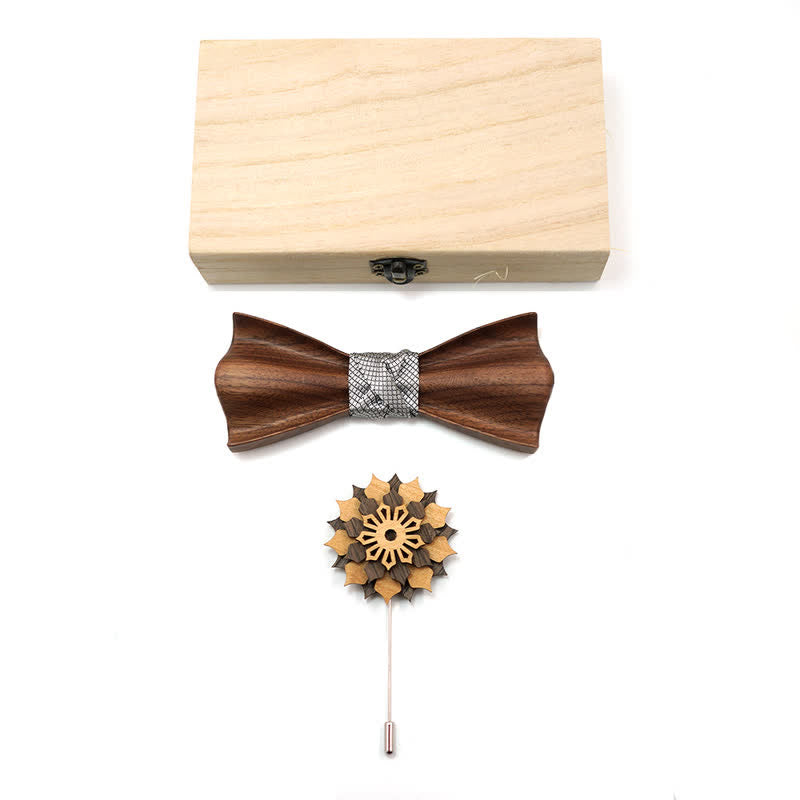 2 Stück Herren 3D Design Holz-Fliege aus Schwarznuss-Set