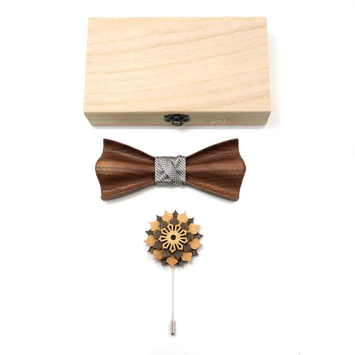 2 Stück Herren 3D Design Holz-Fliege aus Schwarznuss-Set