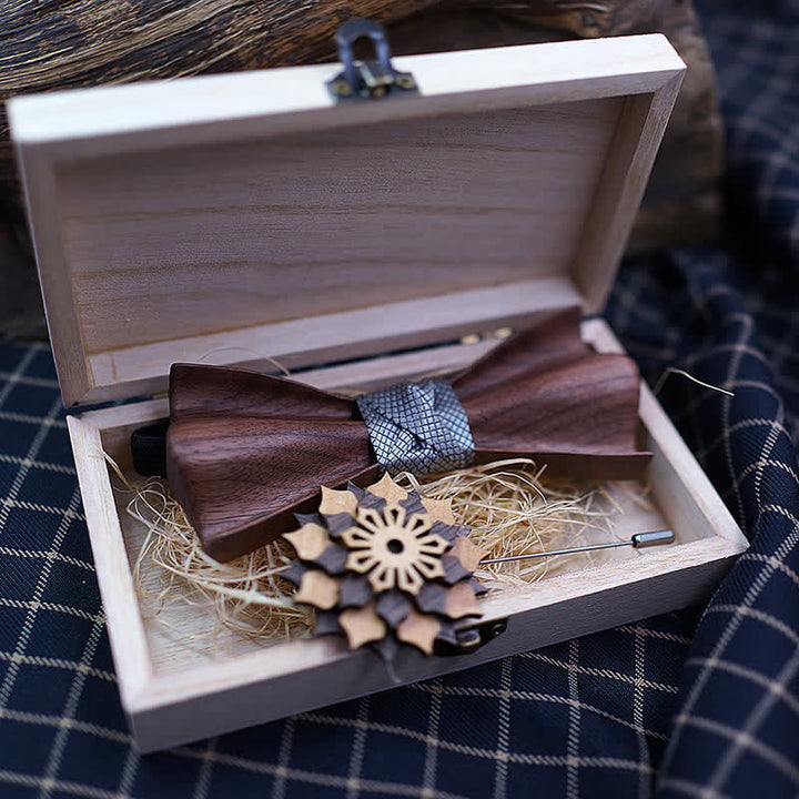 2 Stück Herren 3D Design Holz-Fliege aus Schwarznuss-Set