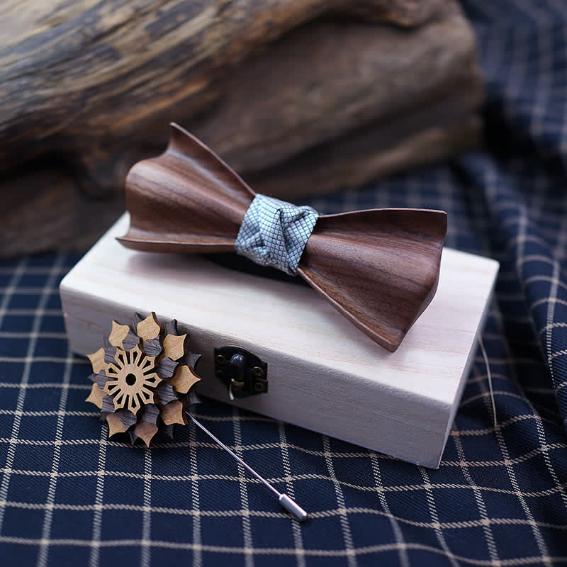 2 Stück Herren 3D Design Holz-Fliege aus Schwarznuss-Set