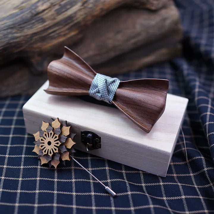 2 Stück Herren 3D Design Holz-Fliege aus Schwarznuss-Set