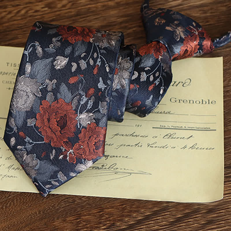 Krawatte mit Blumenmuster im Vintage-Stil für Herren - Orange & Dunkelblau - Reißverschluss - image 12