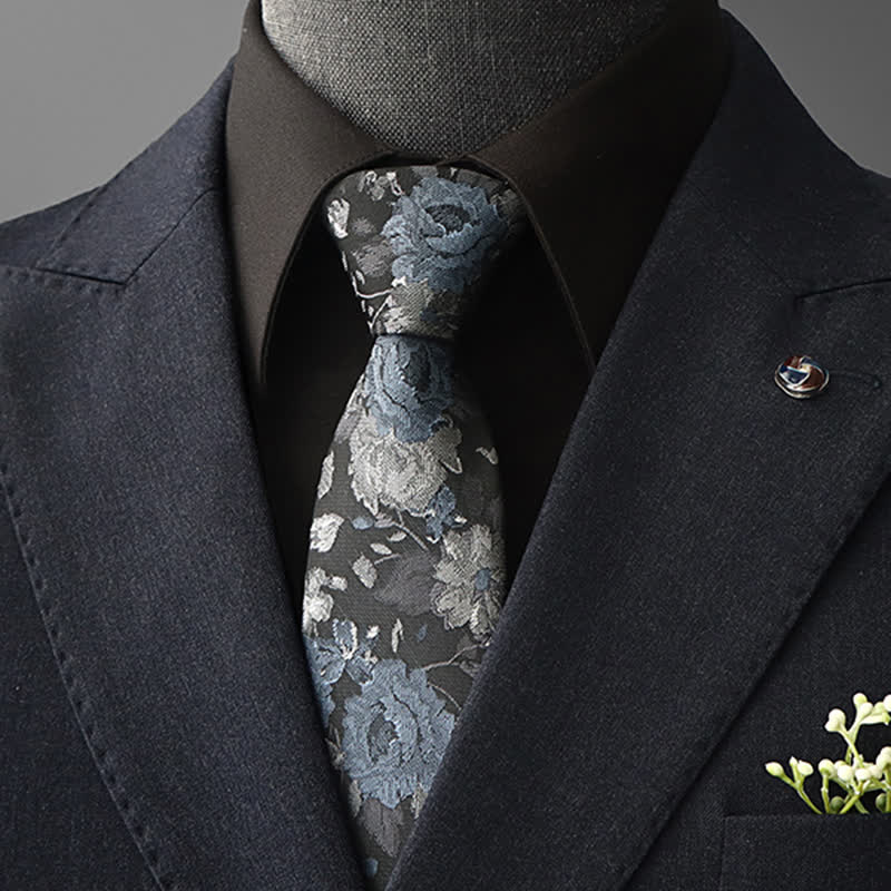 Krawatte mit Blumenmuster im Vintage-Stil für Herren - Blau & Grau - Selbstbinder - image 1