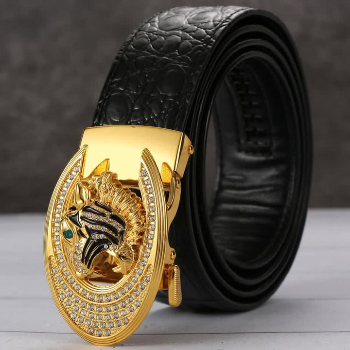 Herren Leder Gürtel mit goldener Tiger Schnalle und Krokodilprägung