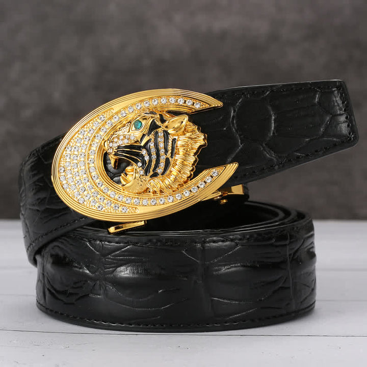 Herren Leder Gürtel mit goldener Tiger Schnalle und Krokodilprägung