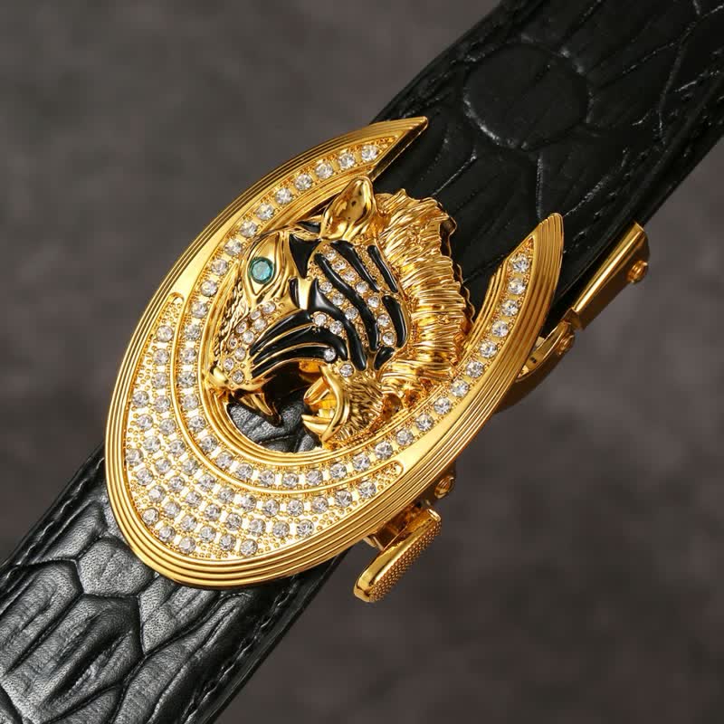 Herren Leder Gürtel mit goldener Tiger Schnalle und Krokodilprägung