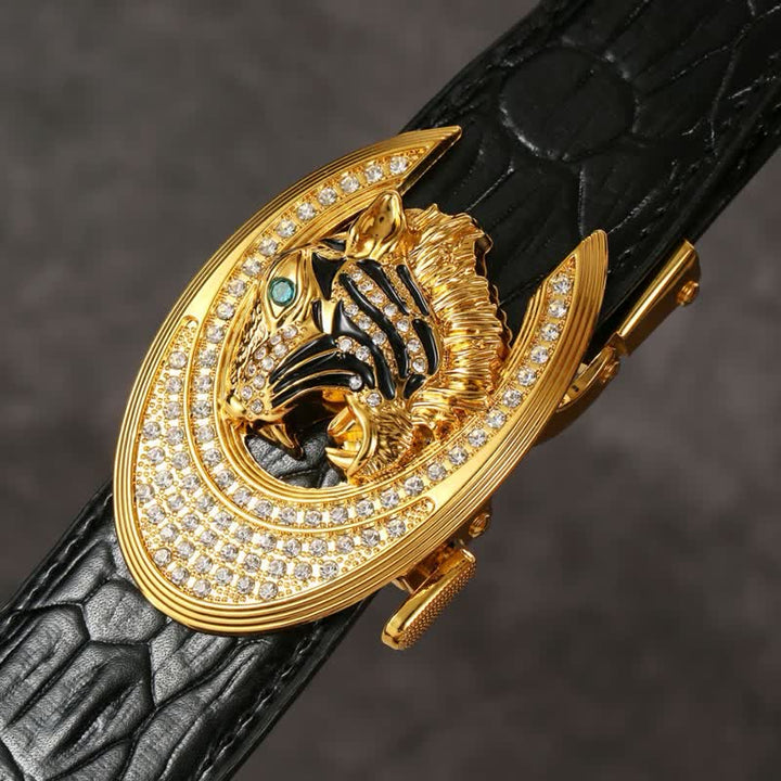 Herren Leder Gürtel mit goldener Tiger Schnalle und Krokodilprägung
