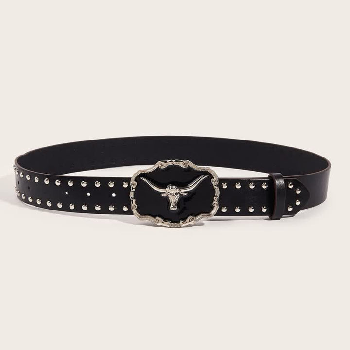 Schwarzer Longhorn-Bullen-Nietenledergürtel für Herren