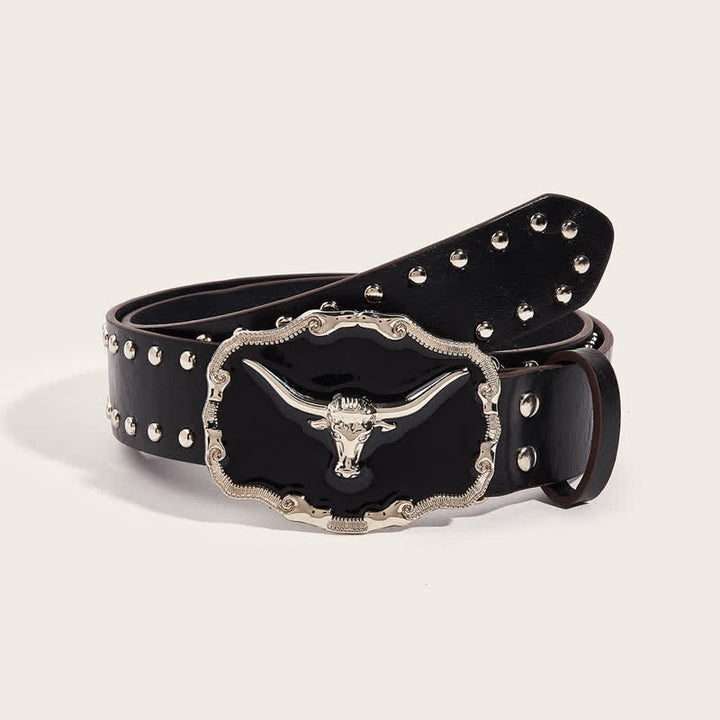 Schwarzer Longhorn-Bullen-Nietenledergürtel für Herren