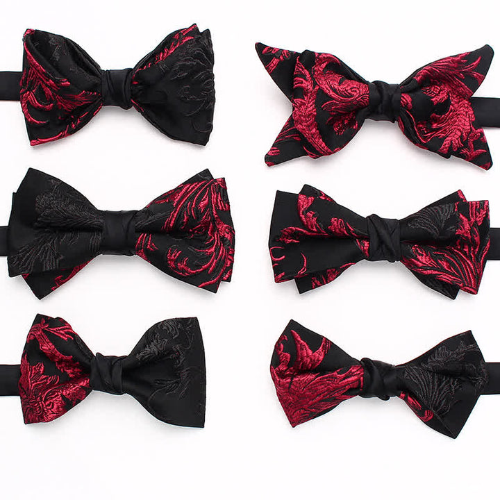 Fliege für Herren mit schwarzem und rotem Weinranken-Blumenmuster