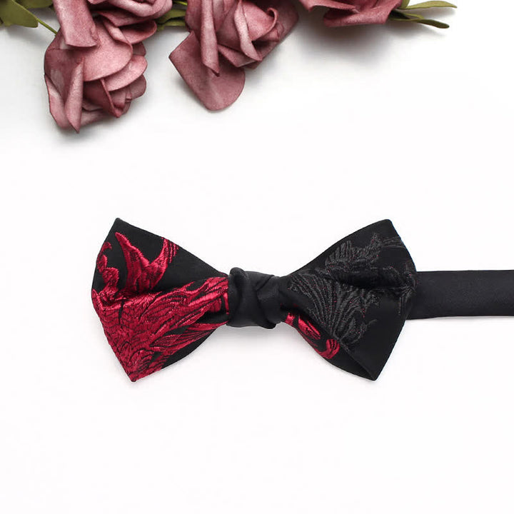 Fliege für Herren mit schwarzem und rotem Weinranken-Blumenmuster