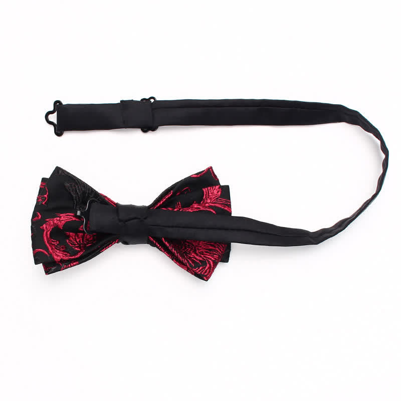 Fliege für Herren mit schwarzem und rotem Weinranken-Blumenmuster
