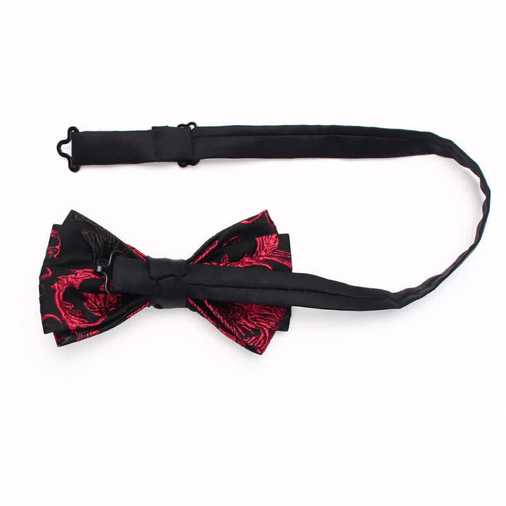Fliege für Herren mit schwarzem und rotem Weinranken-Blumenmuster