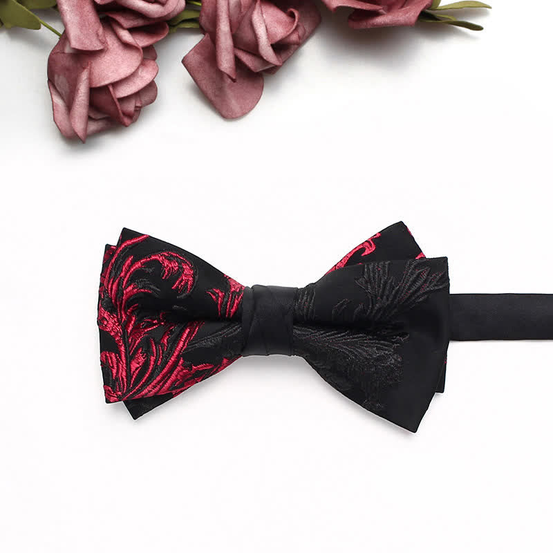 Fliege für Herren mit schwarzem und rotem Weinranken-Blumenmuster