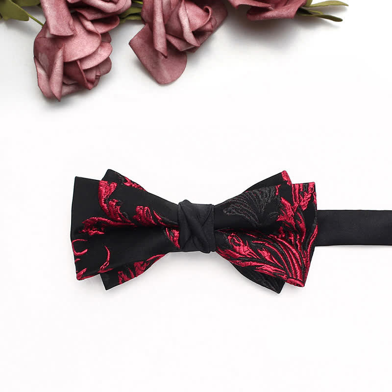 Fliege für Herren mit schwarzem und rotem Weinranken-Blumenmuster