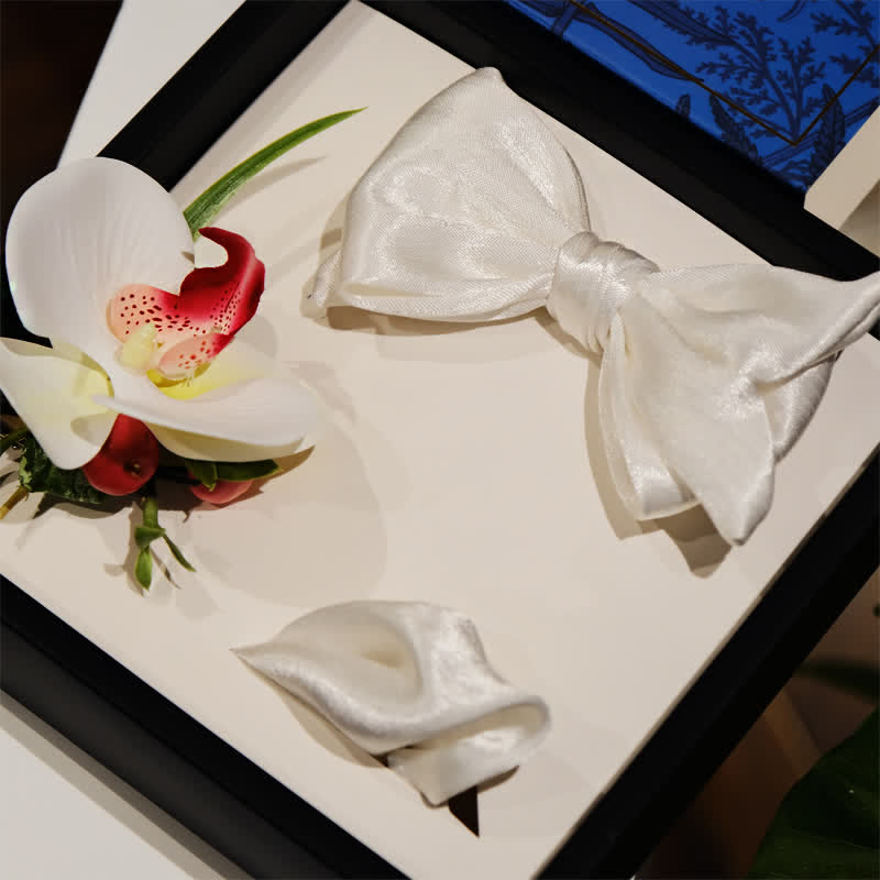 3er-Set Herren Weißes Phalaenopsis Fliege & Taschentuch Set