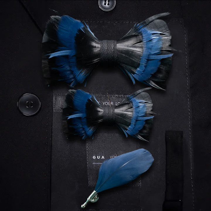 Mitternachtsblau & Schwarze Feder Fliege mit Reversnadel - Eltern-Kind Set - image 4