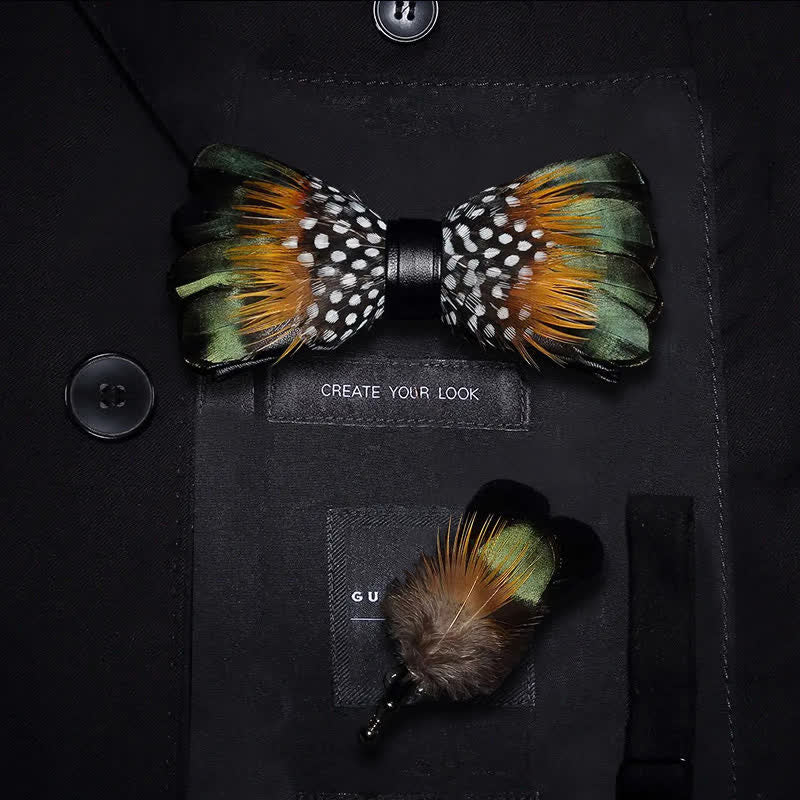 ForestGreen & Orange Vintage Feder Fliege mit Reversnadel - Kind - image 5